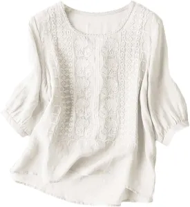 Linen Shirts for Women Summer 2025 Retro Embroidered 3/4 Sleeve Boho Tops Dressy Casual Blouses Teacher Loose Tunics