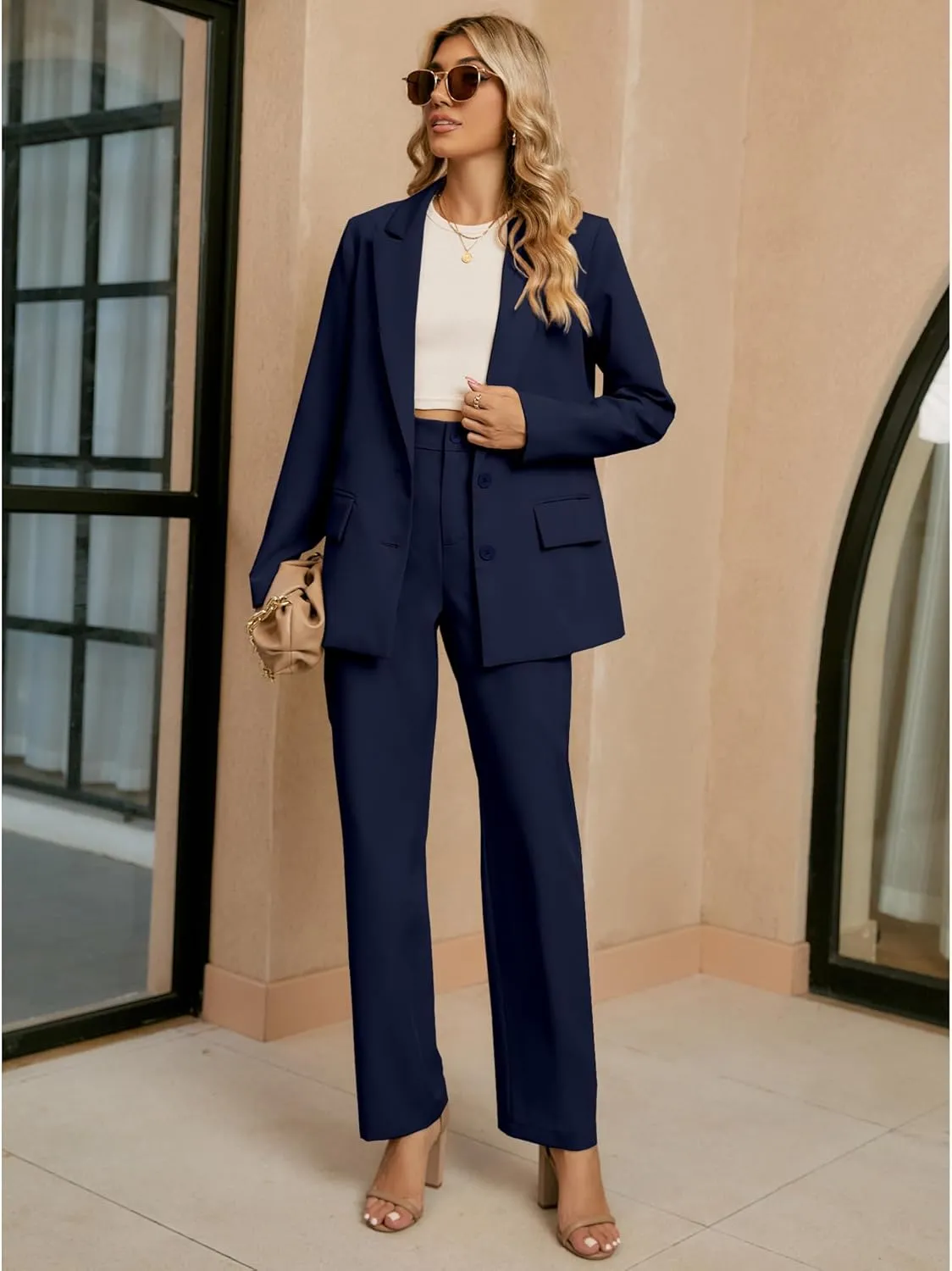 luvamia 2 Piece Outfits for Women Dressy Blazer Jackets High Waisted Straight Leg Pants Suits Set Business Casual Office