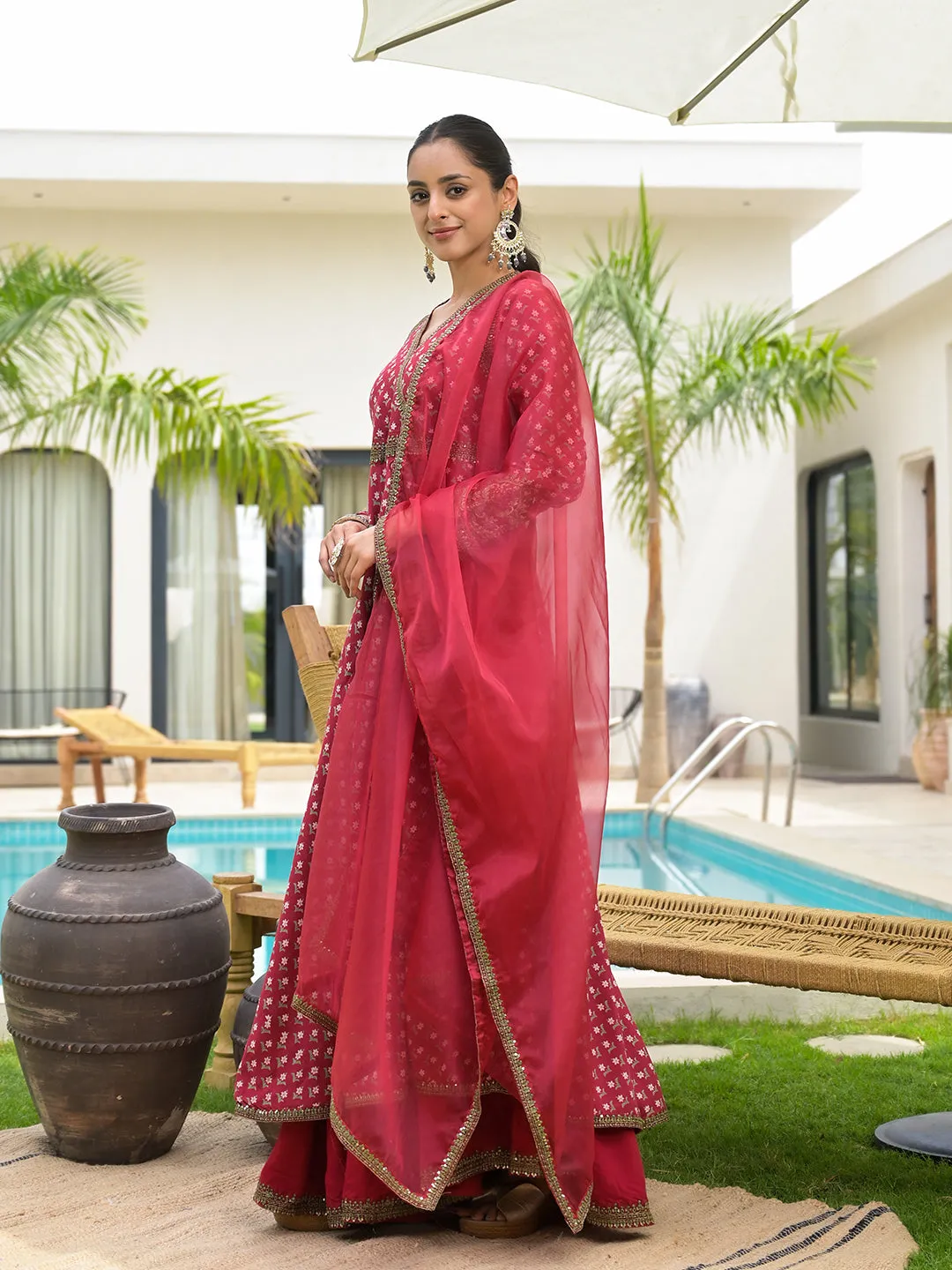 Maroon Printed & Zari Embroidered Rayon Layered Kurta With Dupatta Set For Women