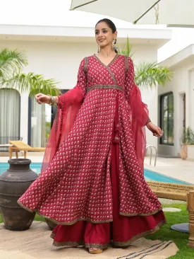 Maroon Printed & Zari Embroidered Rayon Layered Kurta With Dupatta Set For Women