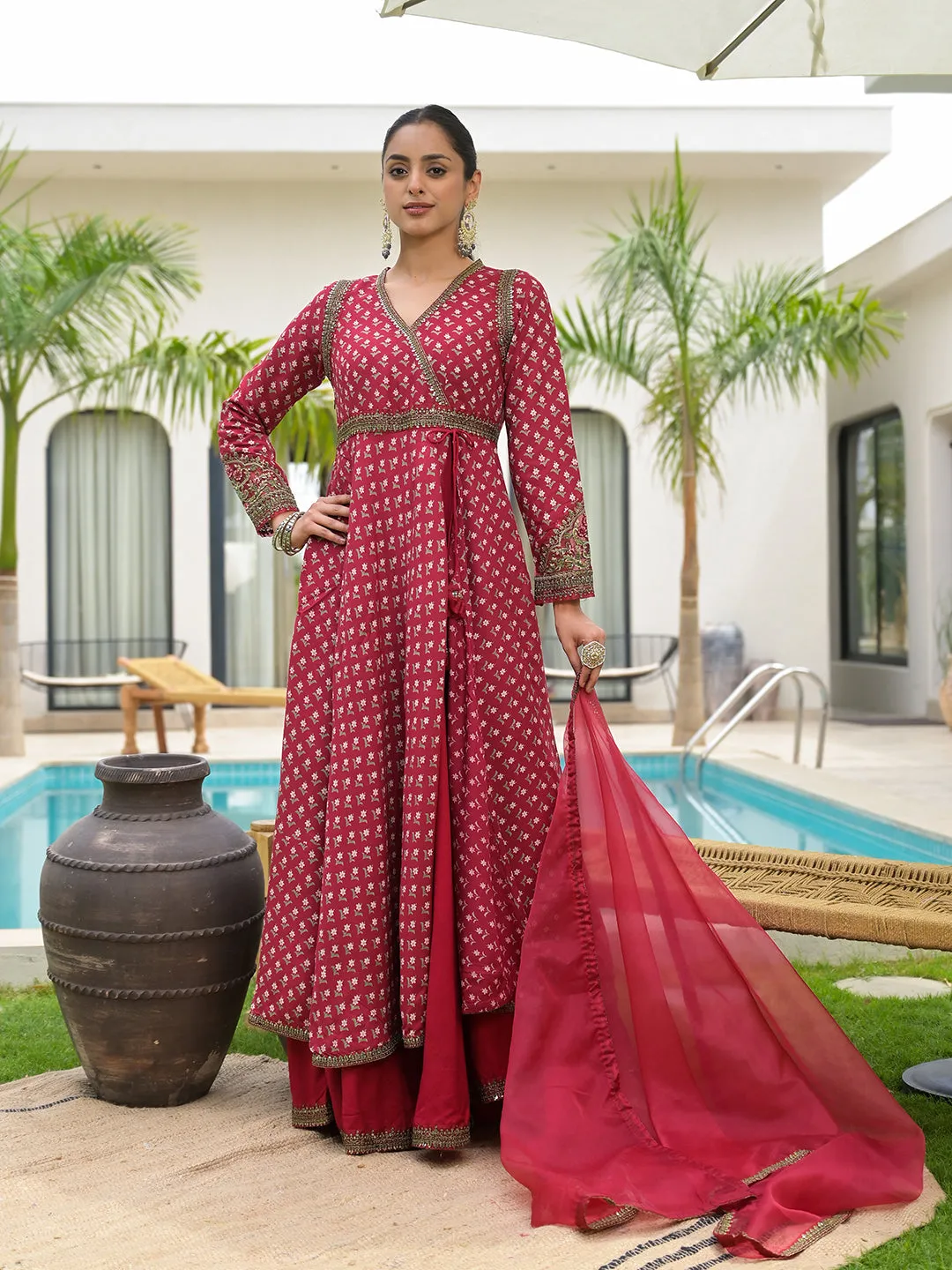 Maroon Printed & Zari Embroidered Rayon Layered Kurta With Dupatta Set For Women