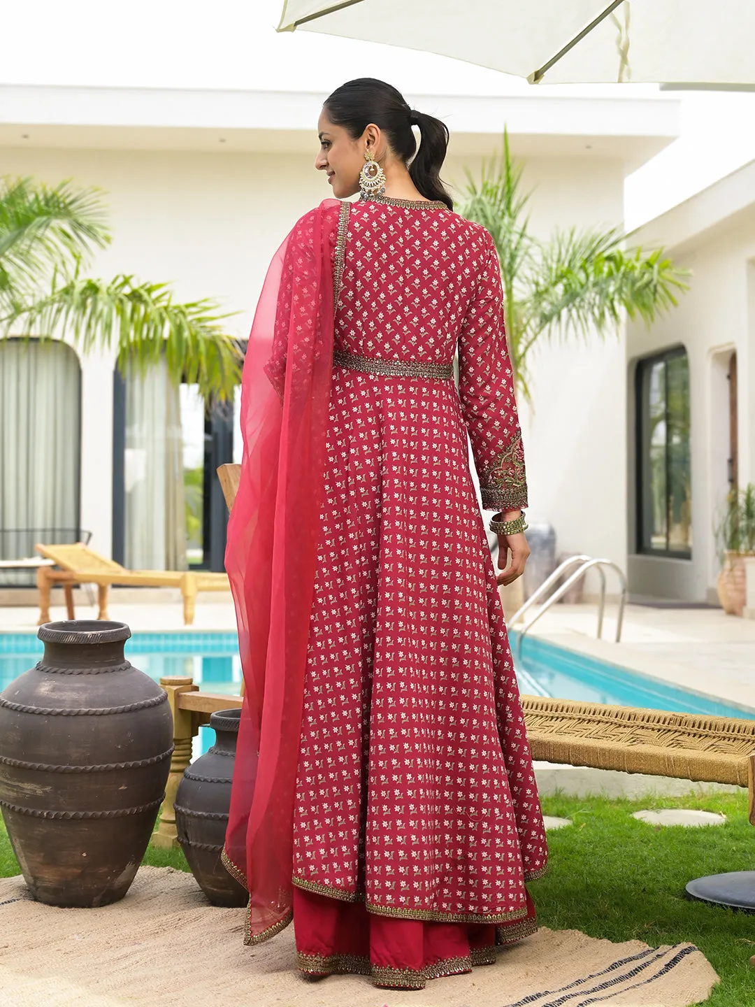 Maroon Printed & Zari Embroidered Rayon Layered Kurta With Dupatta Set For Women