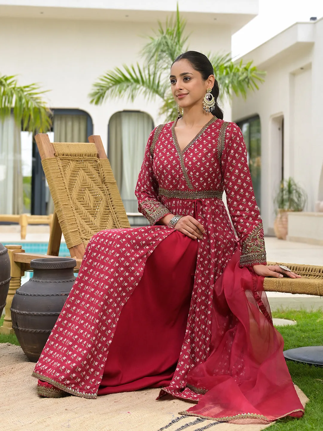 Maroon Printed & Zari Embroidered Rayon Layered Kurta With Dupatta Set For Women
