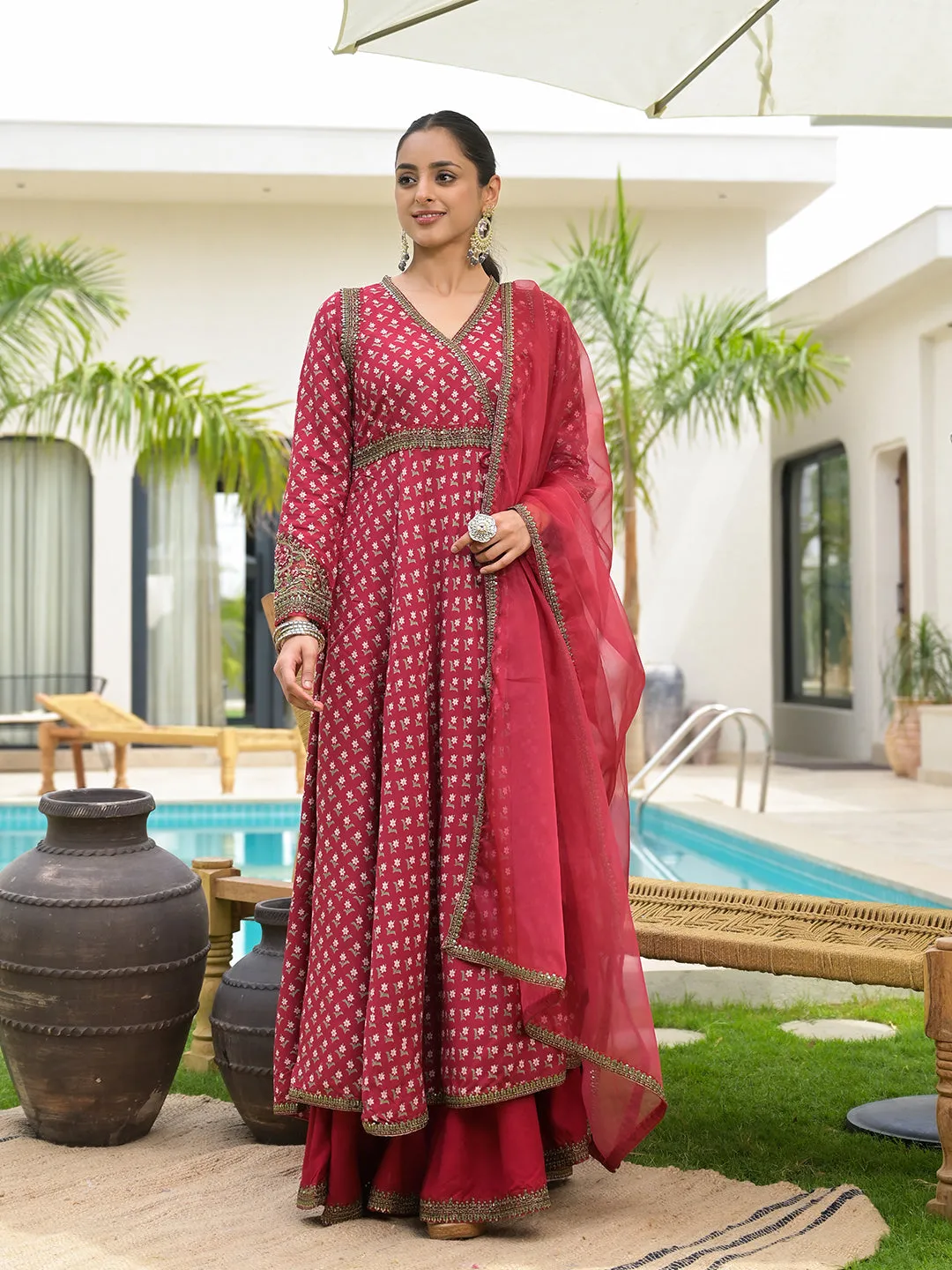 Maroon Printed & Zari Embroidered Rayon Layered Kurta With Dupatta Set For Women
