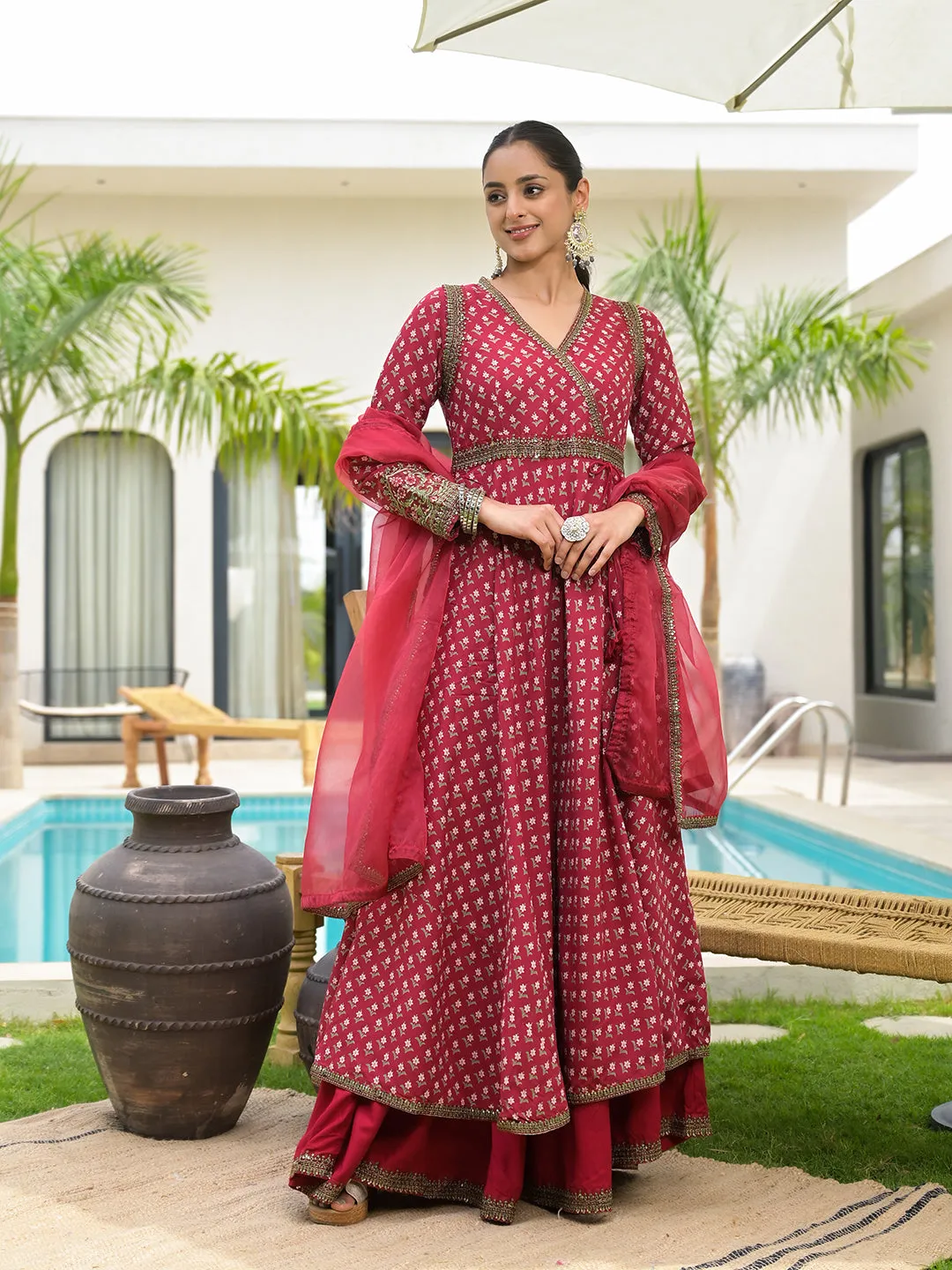 Maroon Printed & Zari Embroidered Rayon Layered Kurta With Dupatta Set For Women