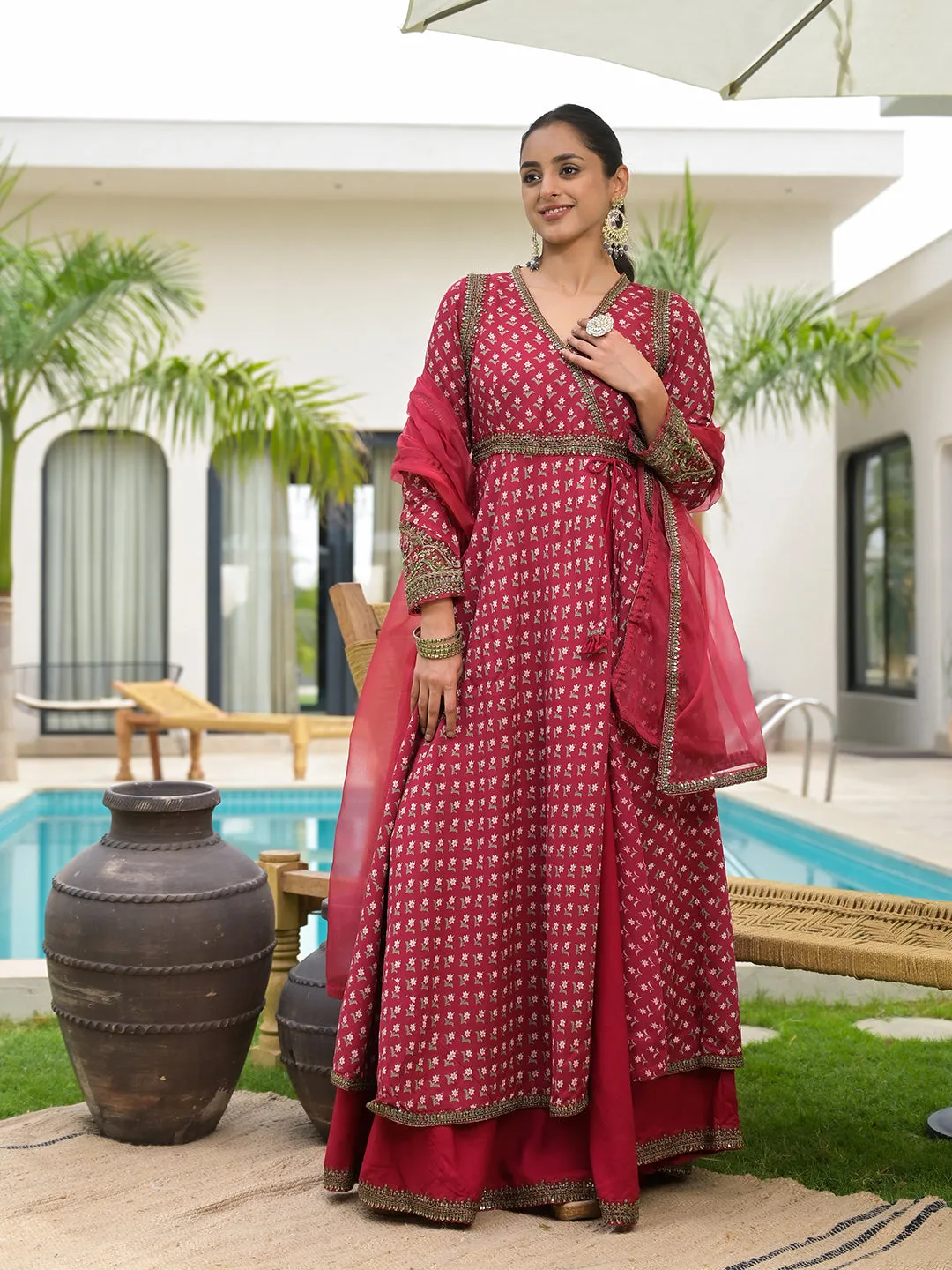 Maroon Printed & Zari Embroidered Rayon Layered Kurta With Dupatta Set For Women