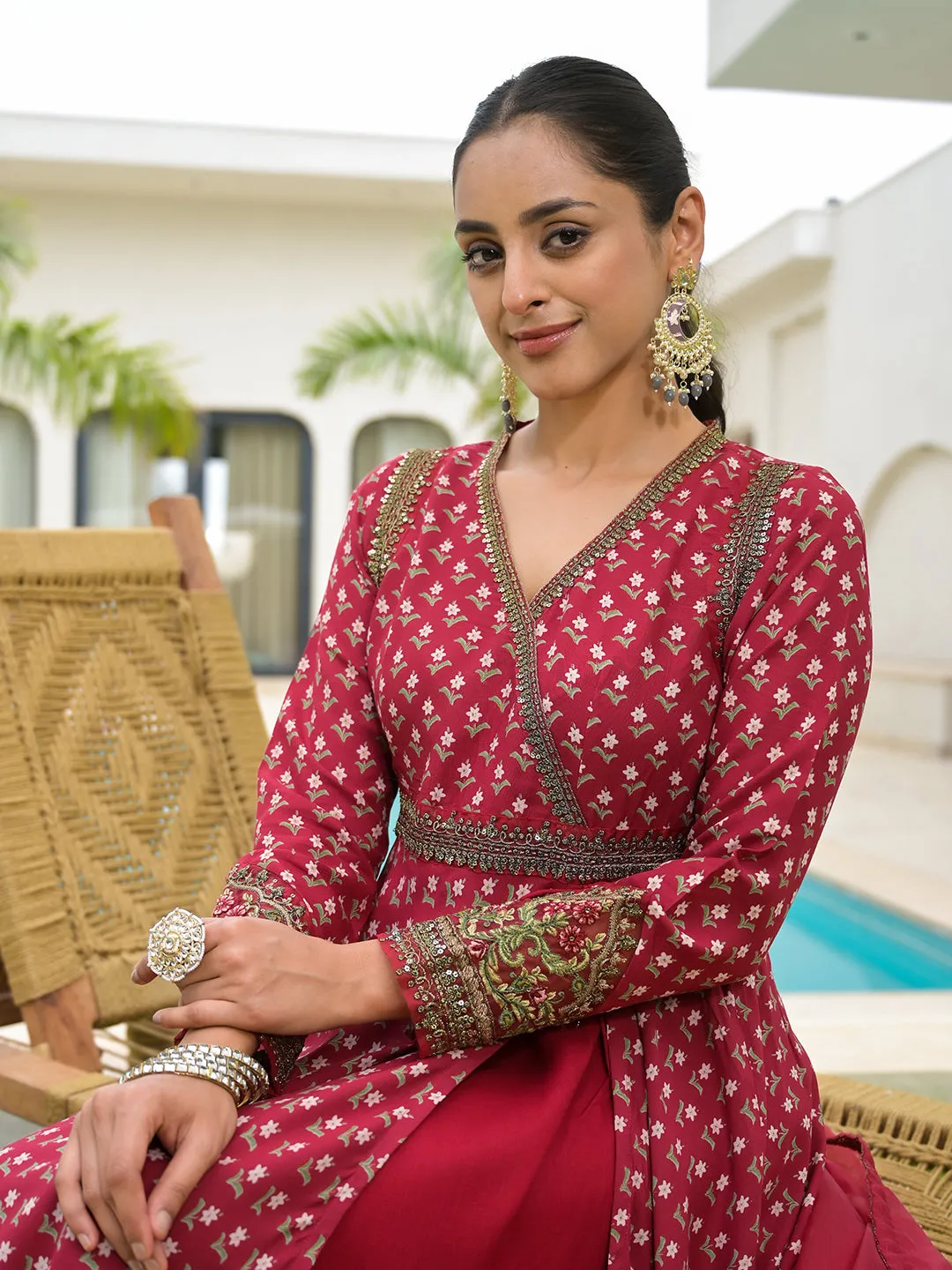 Maroon Printed & Zari Embroidered Rayon Layered Kurta With Dupatta Set For Women