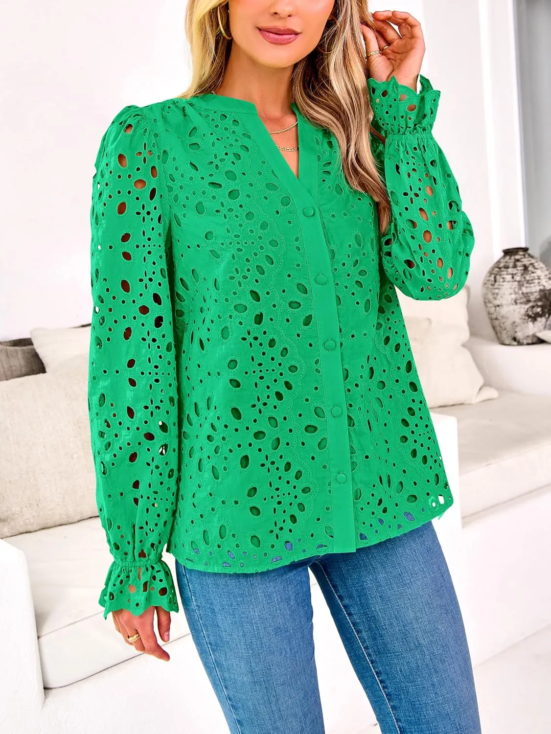 MASCOMODA Womens Tops Dressy Casual Fall Puff Long Sleeve Eyelet Button Shirts V Neck Lace Embroidered Hollow Out Work Blouse