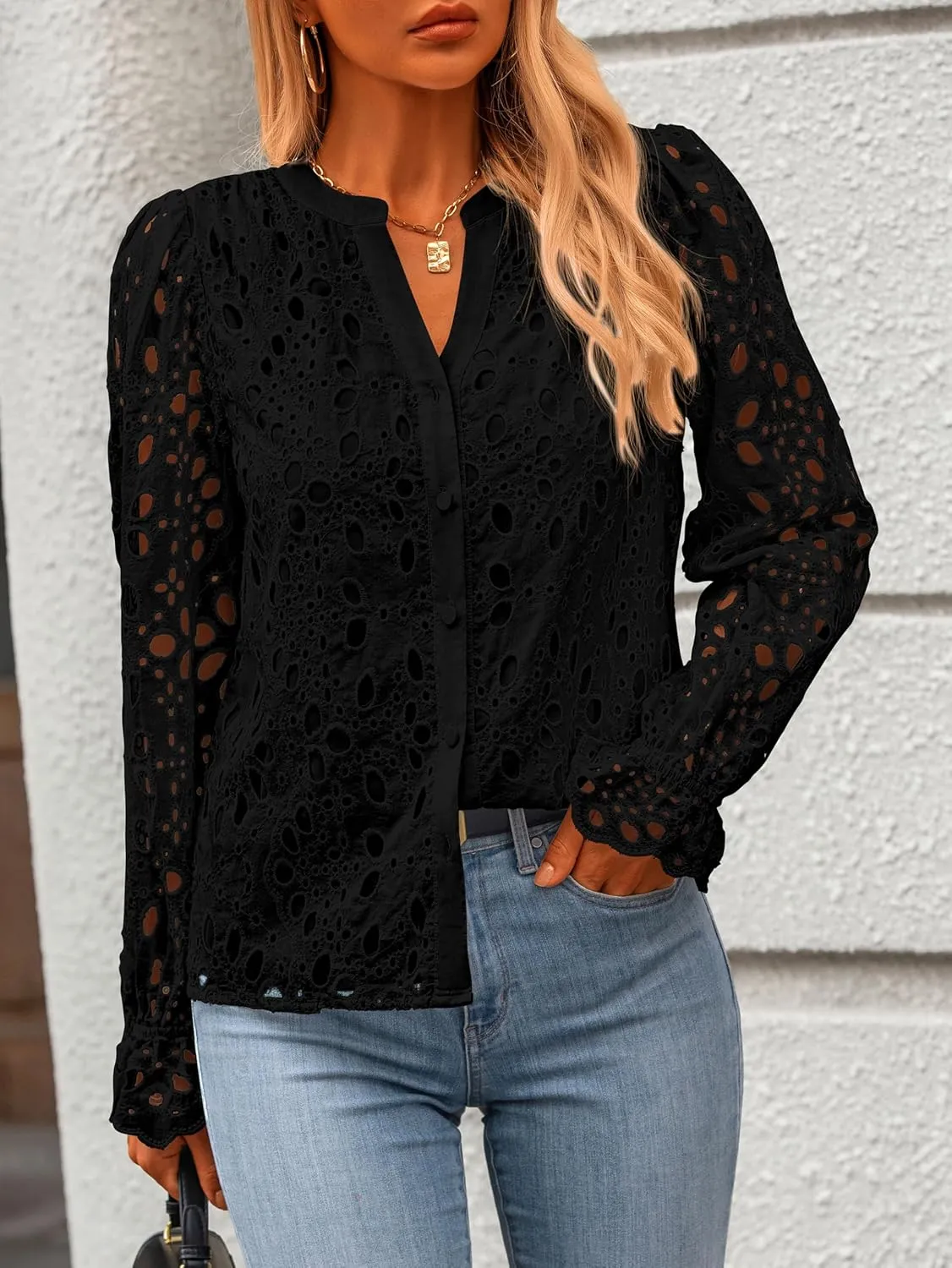 MASCOMODA Womens Tops Dressy Casual Fall Puff Long Sleeve Eyelet Button Shirts V Neck Lace Embroidered Hollow Out Work Blouse