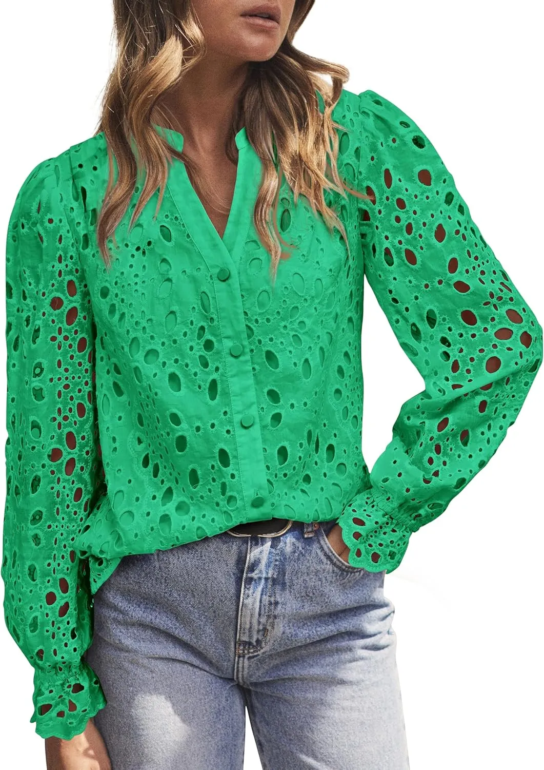 MASCOMODA Womens Tops Dressy Casual Fall Puff Long Sleeve Eyelet Button Shirts V Neck Lace Embroidered Hollow Out Work Blouse