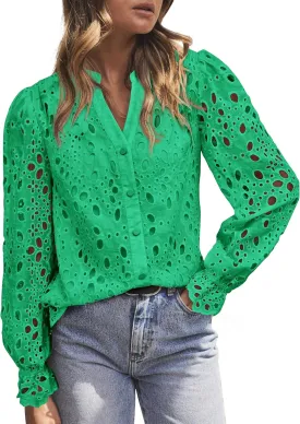 MASCOMODA Womens Tops Dressy Casual Fall Puff Long Sleeve Eyelet Button Shirts V Neck Lace Embroidered Hollow Out Work Blouse