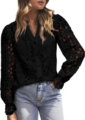 MASCOMODA Womens Tops Dressy Casual Fall Puff Long Sleeve Eyelet Button Shirts V Neck Lace Embroidered Hollow Out Work Blouse