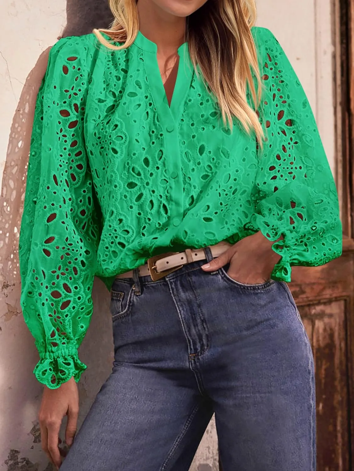 MASCOMODA Womens Tops Dressy Casual Fall Puff Long Sleeve Eyelet Button Shirts V Neck Lace Embroidered Hollow Out Work Blouse