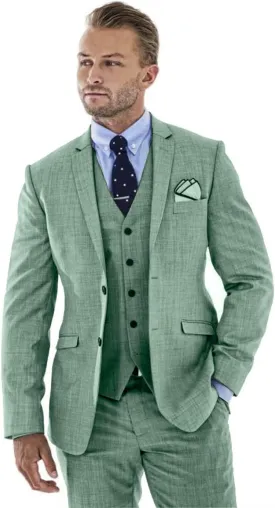 Men's 3 Pieces Linen Suit Slim Fit Summer Wedding Tuxedo Retro Grooms Prom Party Blazer Waistcoat Trousers Green-M, Medium
