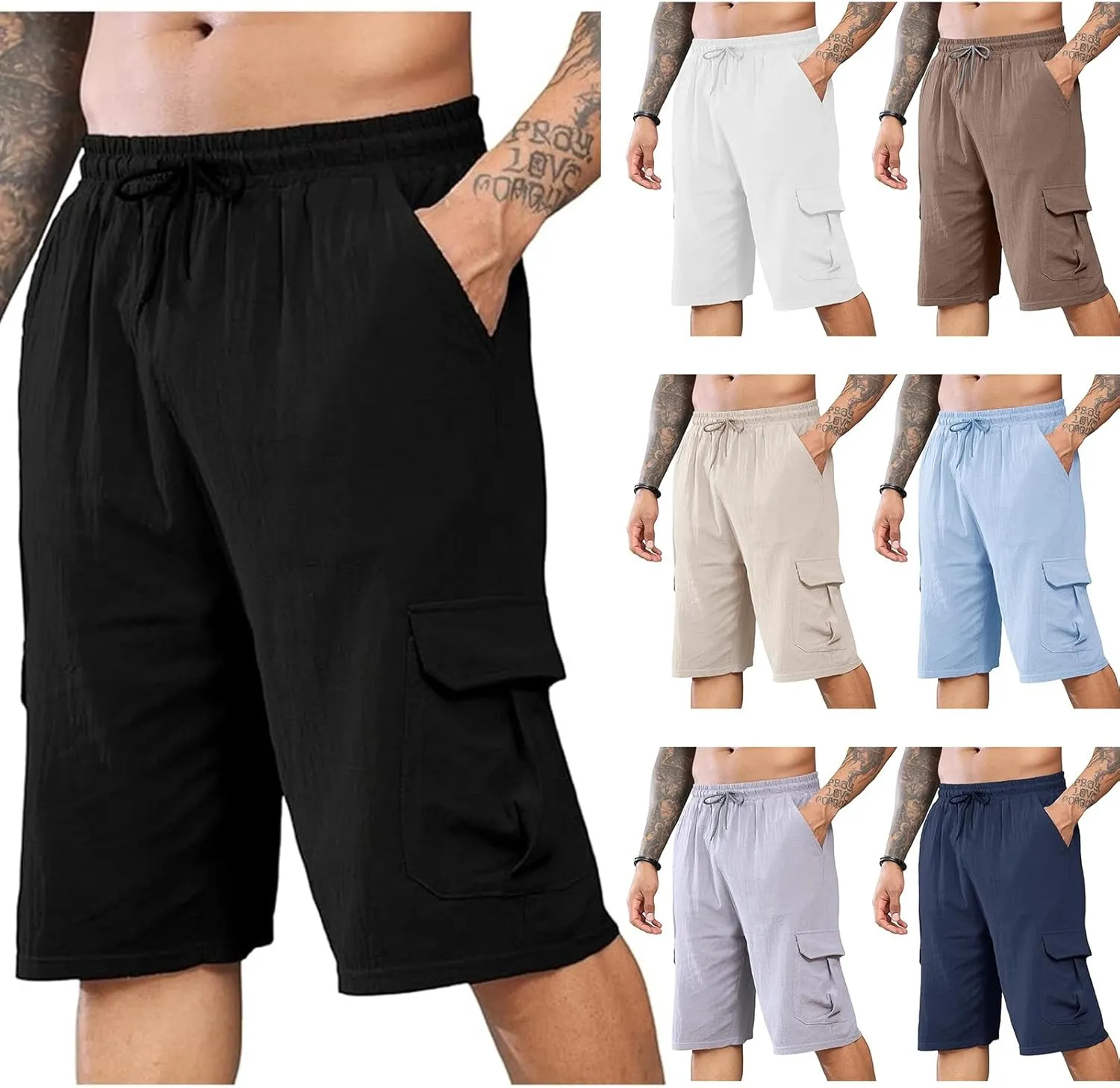 Mens Casual Cargo Shorts Drawstring Sport Golf Linen Shorts Lounge Baggy 2025 Fashion Sweatpants with Multic Pockets