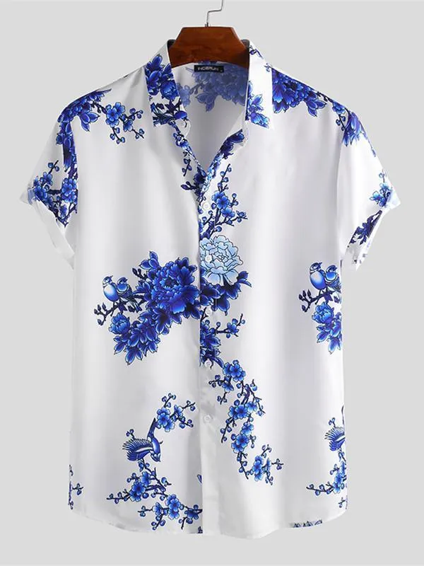 Mens Chinese Style Porcelain Floral Printed Casual Shirt SKUB34784