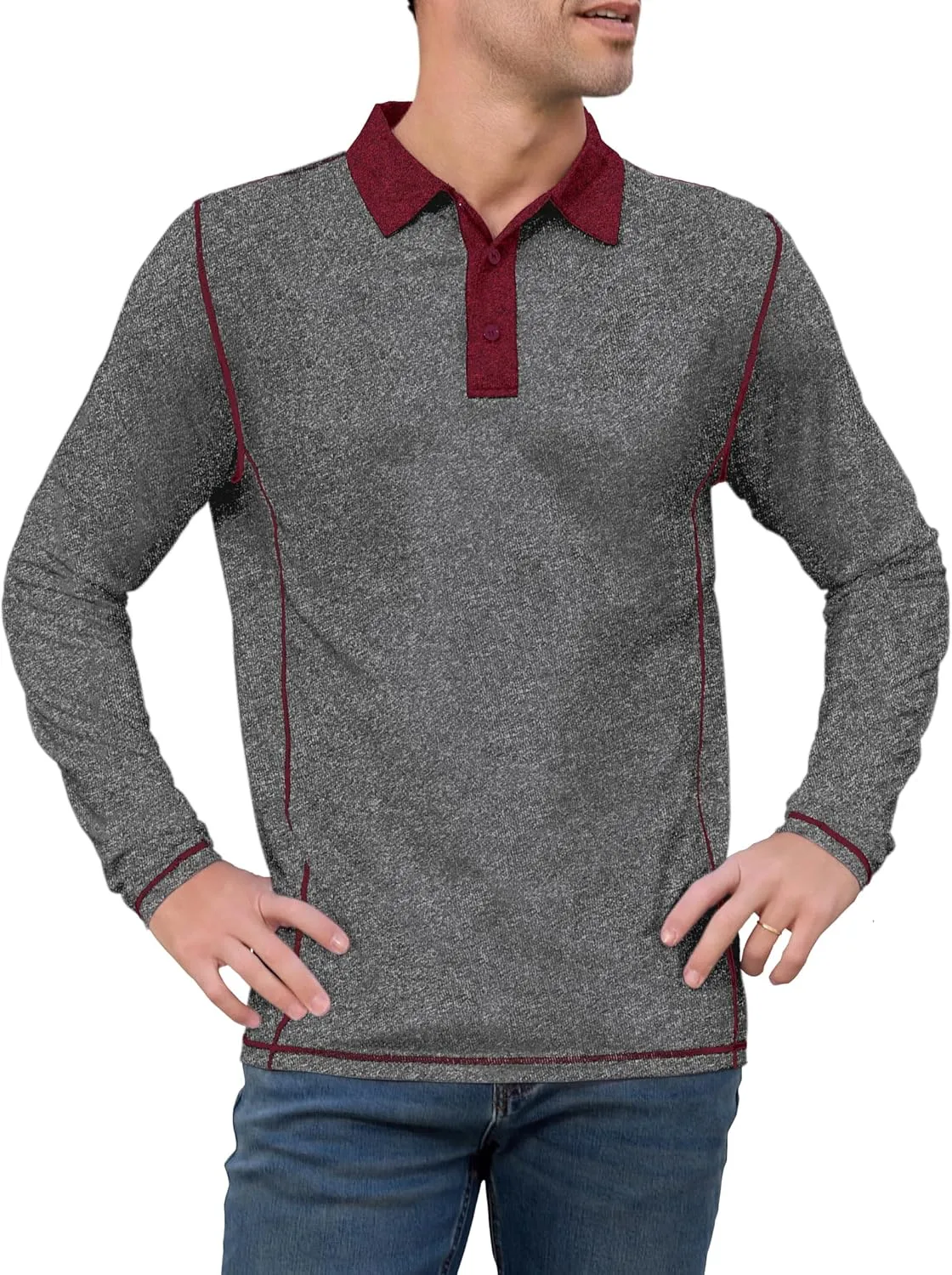 Mens Long Sleeve Polo Shirts Summer Casual Lightweight Knit True Classic Contrast Collar Button-Down Golf Tees Basic