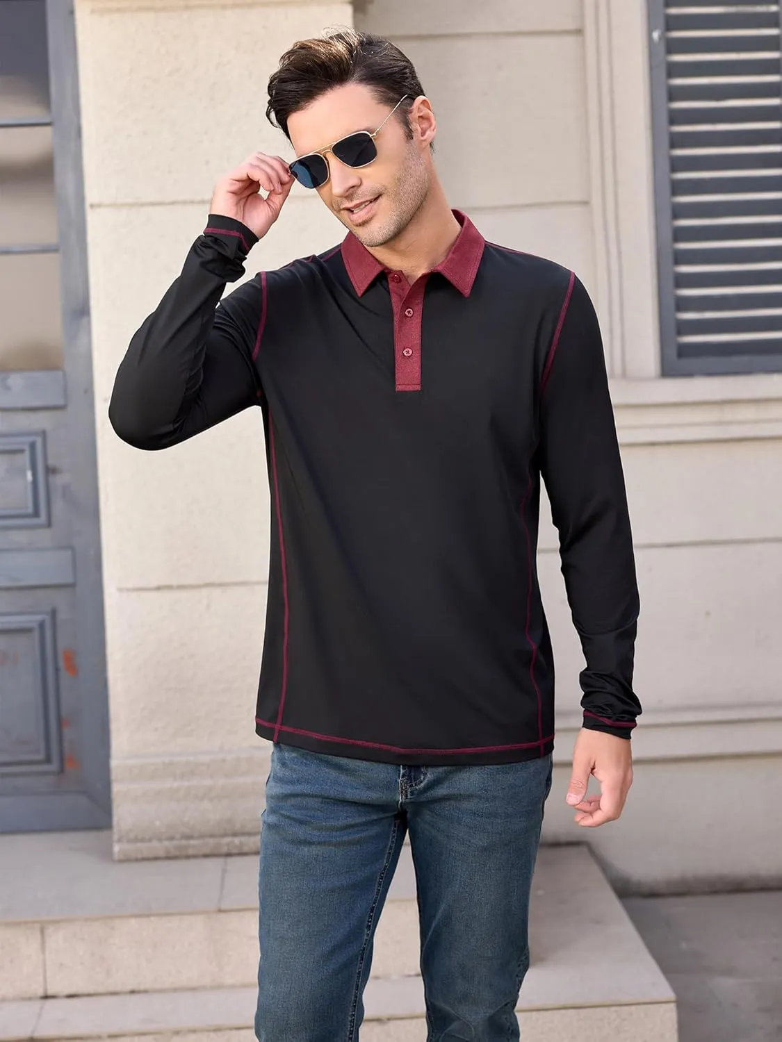 Mens Long Sleeve Polo Shirts Summer Casual Lightweight Knit True Classic Contrast Collar Button-Down Golf Tees