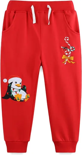 Mud Kingdom Little Boys Girls Christmas Sweatpants Elastic Waist Joggers Embroidered Pattern Sweat Pants with Pockets