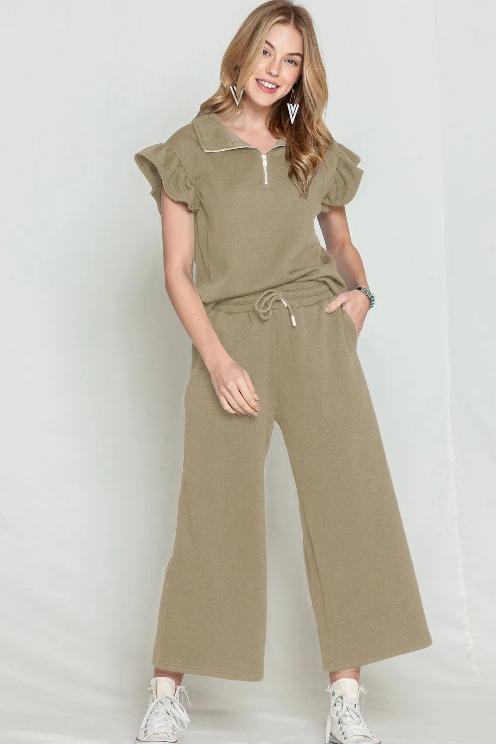 Navy Blue Textured Ruffle Cap Sleeve Top And Wide Leg Pants Set