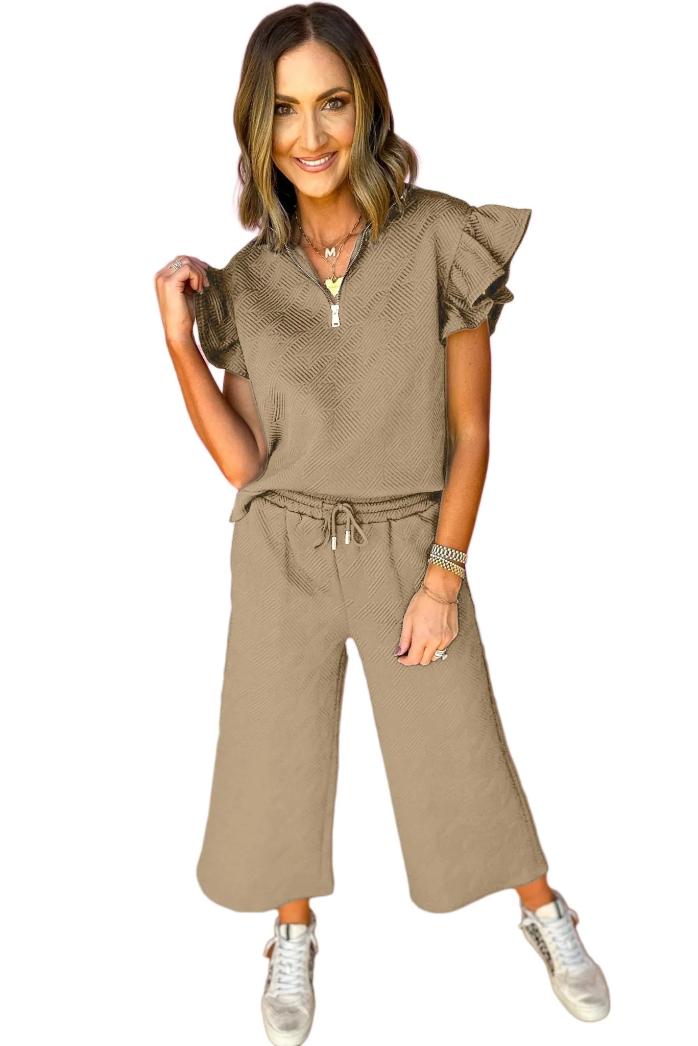 Navy Blue Textured Ruffle Cap Sleeve Top And Wide Leg Pants Set