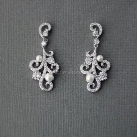 Pearl CZ Earrings with a Swirl Design