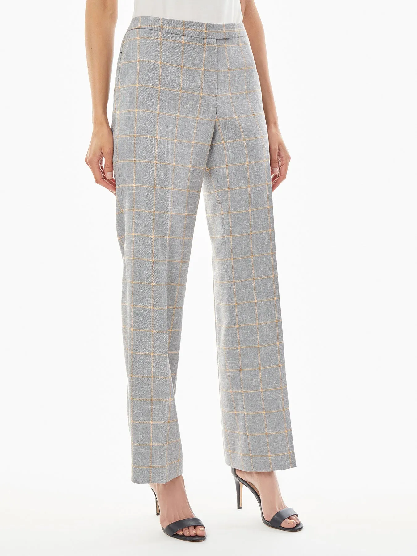Plaid Tab-Front Straight Leg Pants