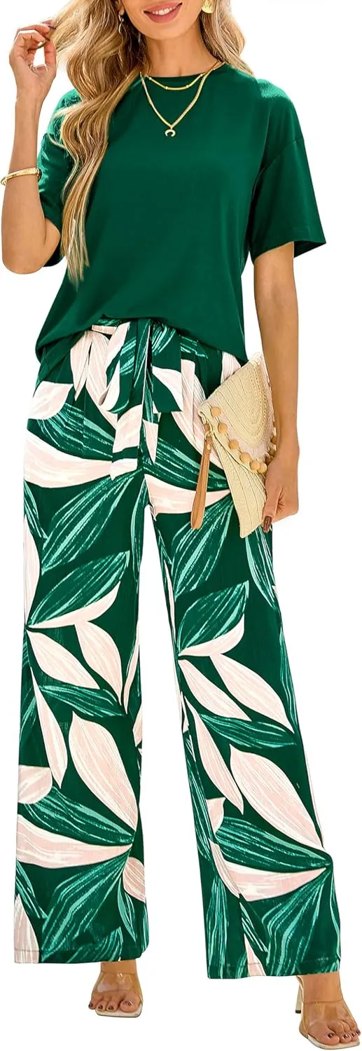 PRETTYGARDEN Women Summer 2 Piece Outfits 2025 Short Sleeve Knit Top Floral Print Belted Wide Leg Pant Sets With Pockets