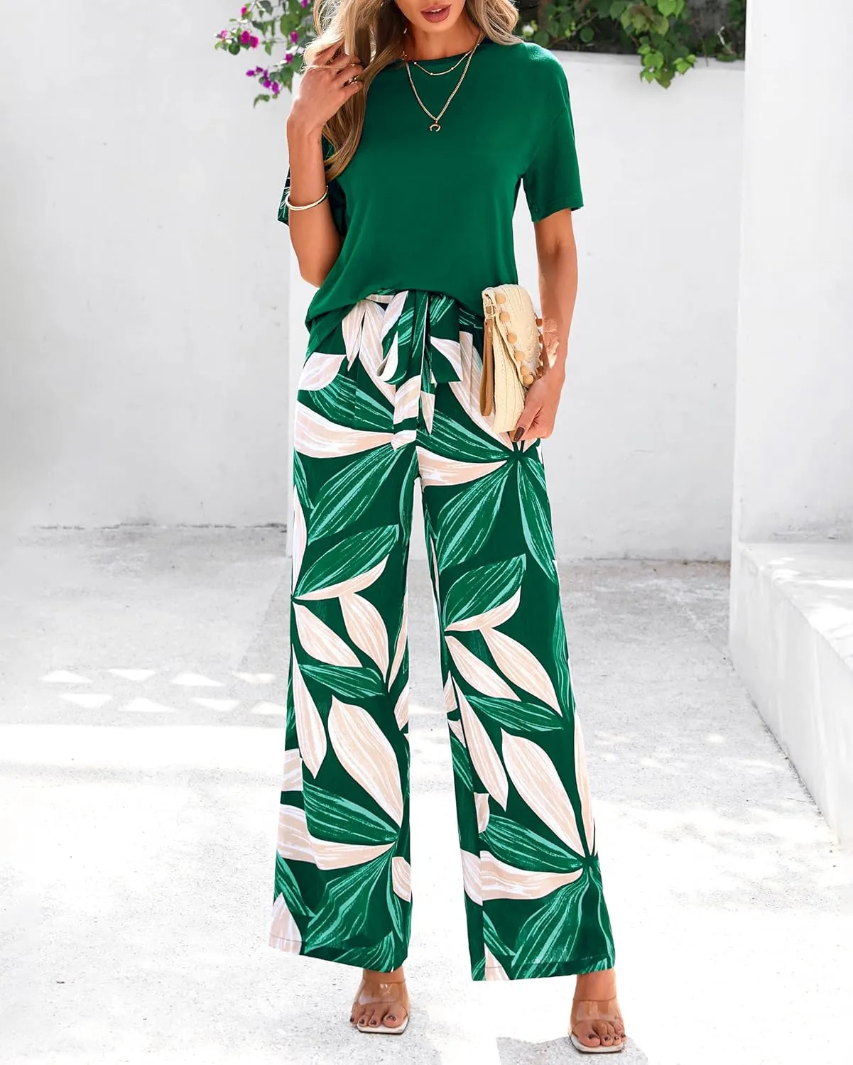 PRETTYGARDEN Women Summer 2 Piece Outfits 2025 Short Sleeve Knit Top Floral Print Belted Wide Leg Pant Sets With Pockets
