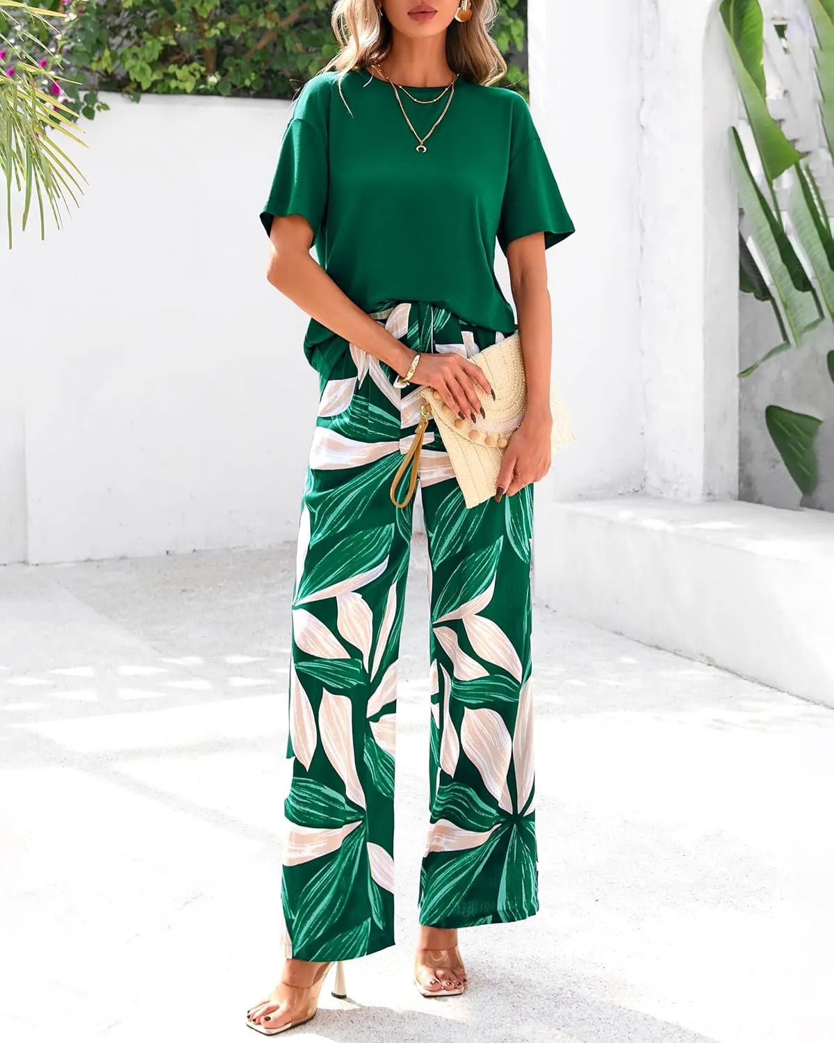 PRETTYGARDEN Women Summer 2 Piece Outfits 2025 Short Sleeve Knit Top Floral Print Belted Wide Leg Pant Sets With Pockets