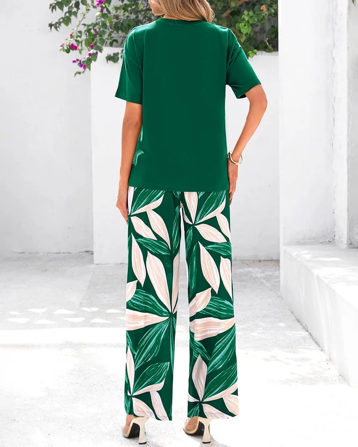 PRETTYGARDEN Women Summer 2 Piece Outfits 2025 Short Sleeve Knit Top Floral Print Belted Wide Leg Pant Sets With Pockets
