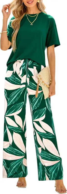 PRETTYGARDEN Women Summer 2 Piece Outfits 2025 Short Sleeve Knit Top Floral Print Belted Wide Leg Pant Sets With Pockets