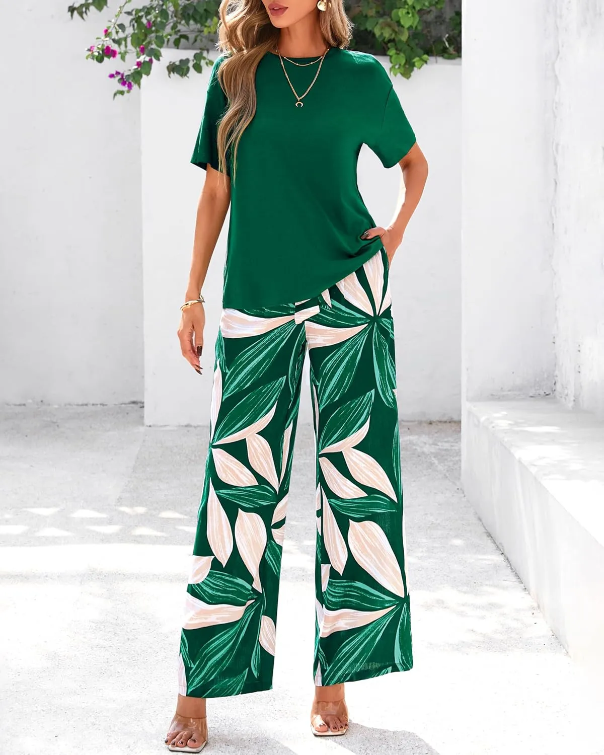 PRETTYGARDEN Women Summer 2 Piece Outfits 2025 Short Sleeve Knit Top Floral Print Belted Wide Leg Pant Sets With Pockets