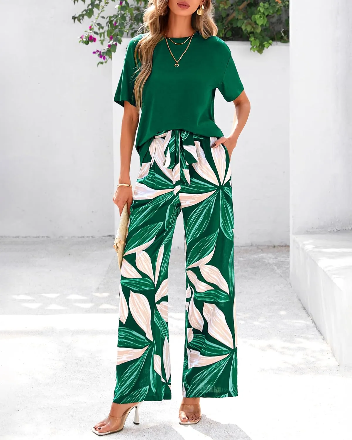 PRETTYGARDEN Women Summer 2 Piece Outfits 2025 Short Sleeve Knit Top Floral Print Belted Wide Leg Pant Sets With Pockets