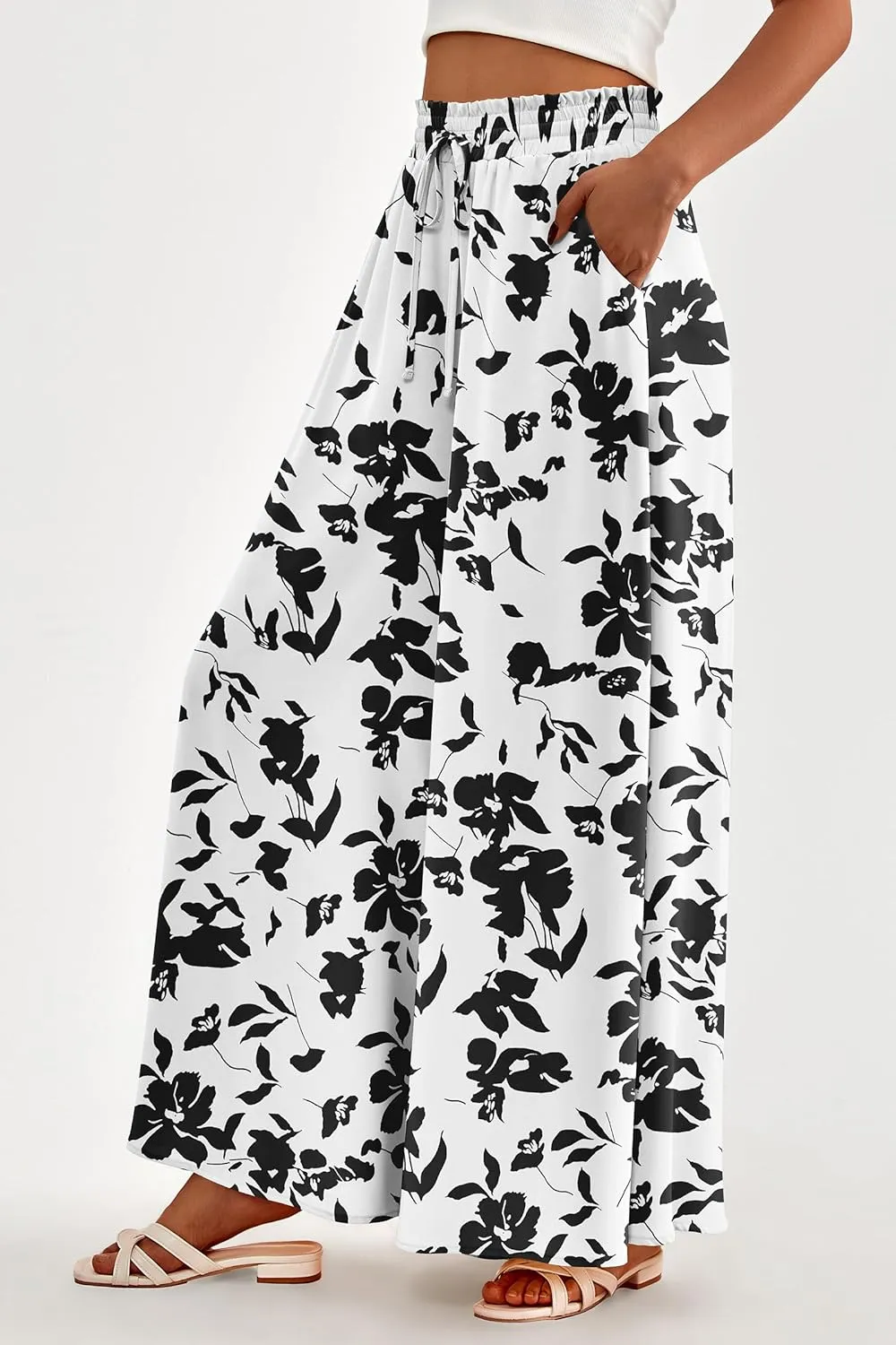 PRETTYGARDEN Women's 2025 Summer Wide Leg Palazzo Pants High Waisted Flowy Pockets Trendy Casual Lounge Boho Beach Trousers