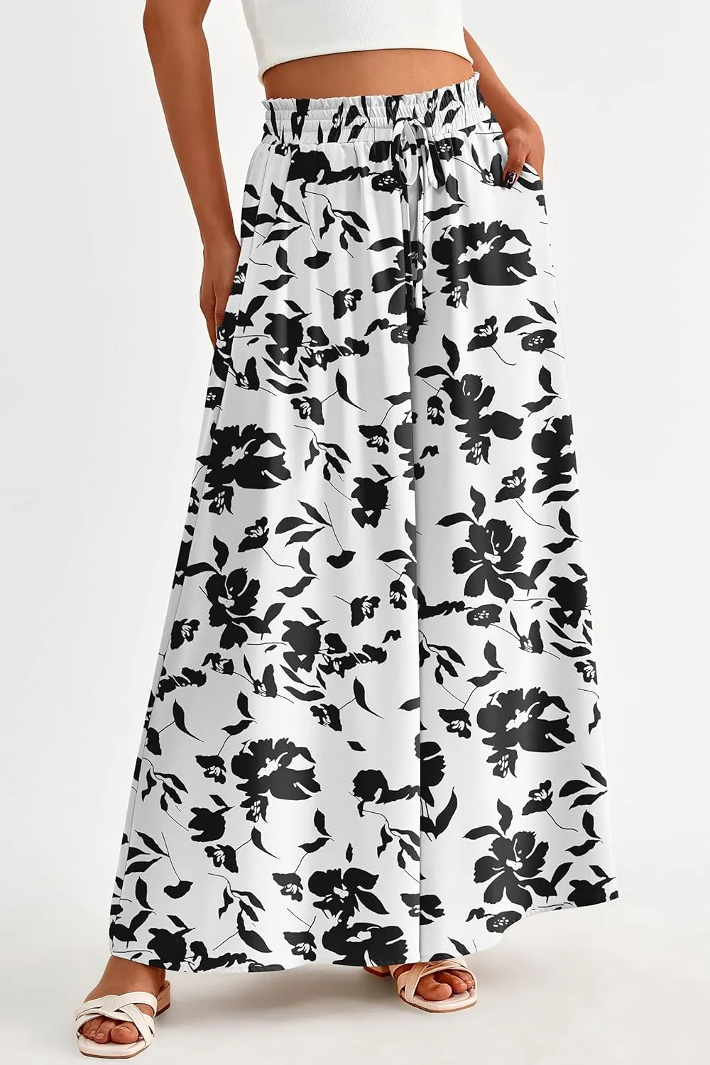 PRETTYGARDEN Women's 2025 Summer Wide Leg Palazzo Pants High Waisted Flowy Pockets Trendy Casual Lounge Boho Beach Trousers