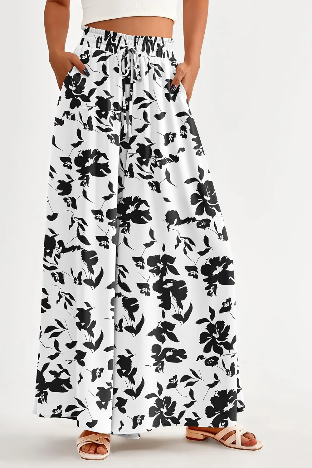 PRETTYGARDEN Women's 2025 Summer Wide Leg Palazzo Pants High Waisted Flowy Pockets Trendy Casual Lounge Boho Beach Trousers