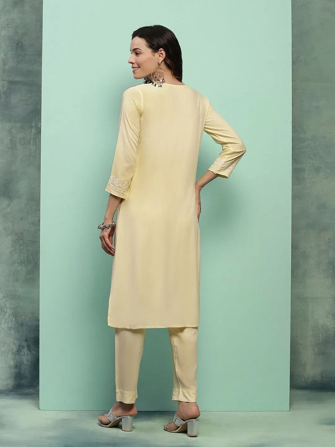 Rayon Chikankari Solid Women's 2 PC Long Kurta Set - Light Yellow
