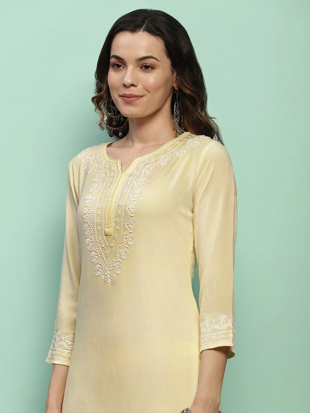 Rayon Chikankari Solid Women's 2 PC Long Kurta Set - Light Yellow