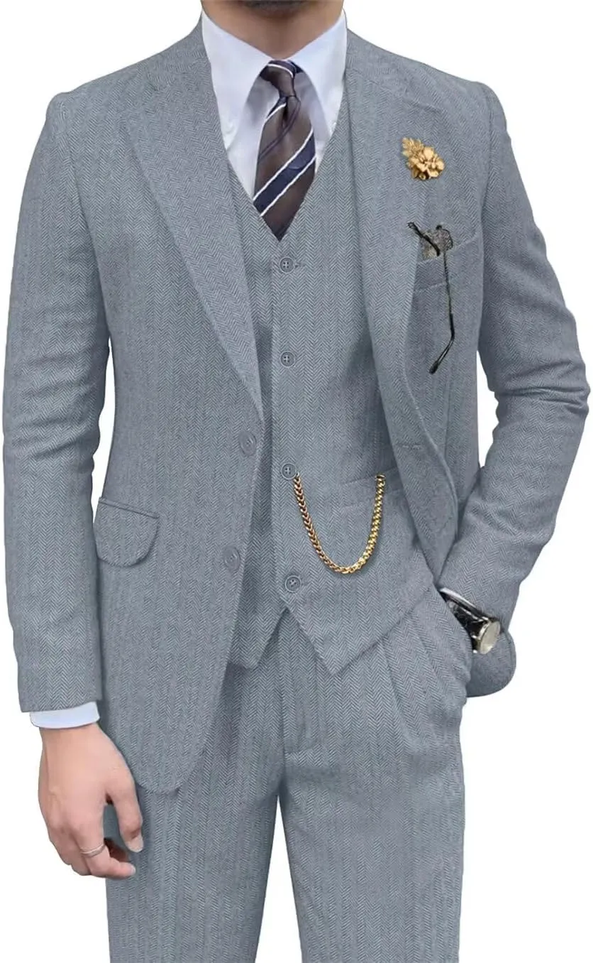 Retro Mens 3 Piece Suit Tweed Herringbone Slim Fit Suits Groomsmen Brown Tuxedos Set Prom Jacket Blazer Vest Pants for Men