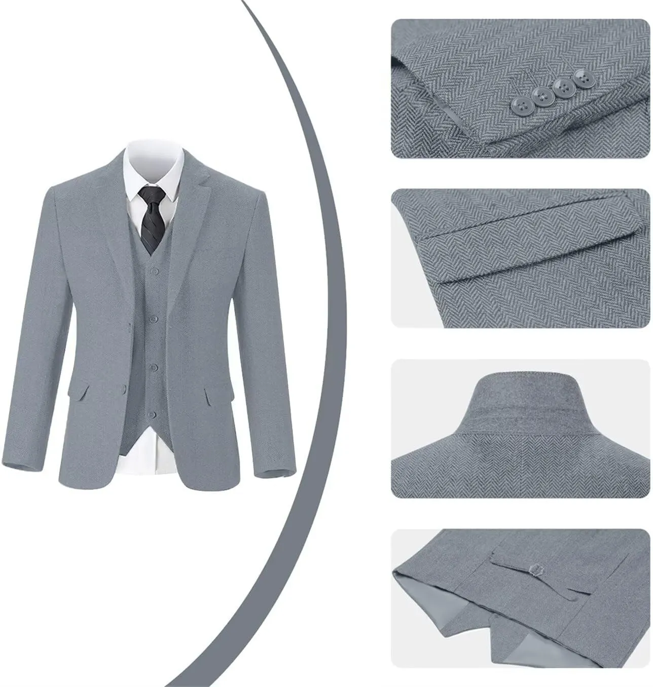Retro Mens 3 Piece Suit Tweed Herringbone Slim Fit Suits Groomsmen Brown Tuxedos Set Prom Jacket Blazer Vest Pants for Men