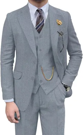 Retro Mens 3 Piece Suit Tweed Herringbone Slim Fit Suits Groomsmen Brown Tuxedos Set Prom Jacket Blazer Vest Pants for Men