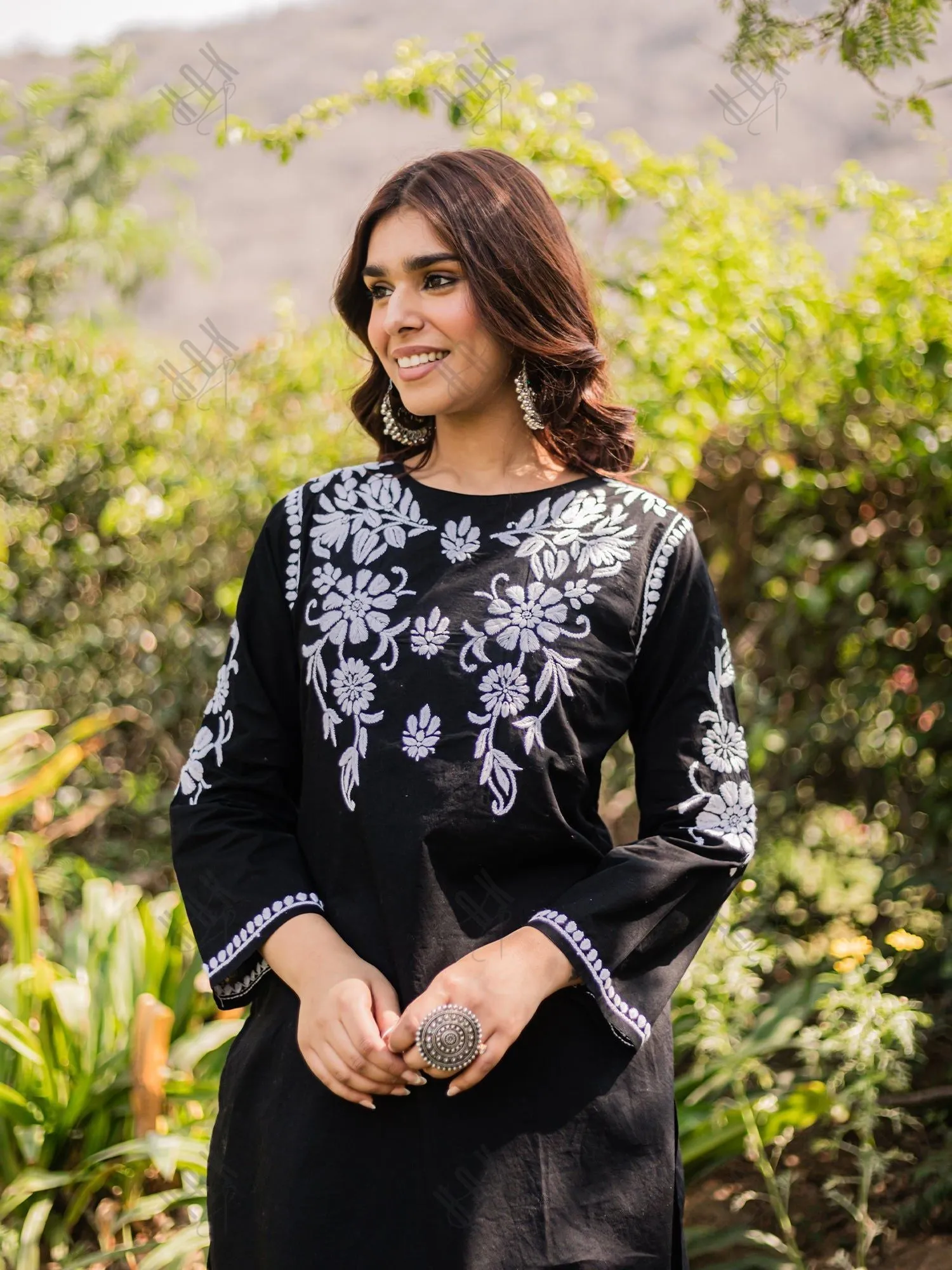 Saba Chikankari Co-ord Set in Cotton Cambric - Black With White