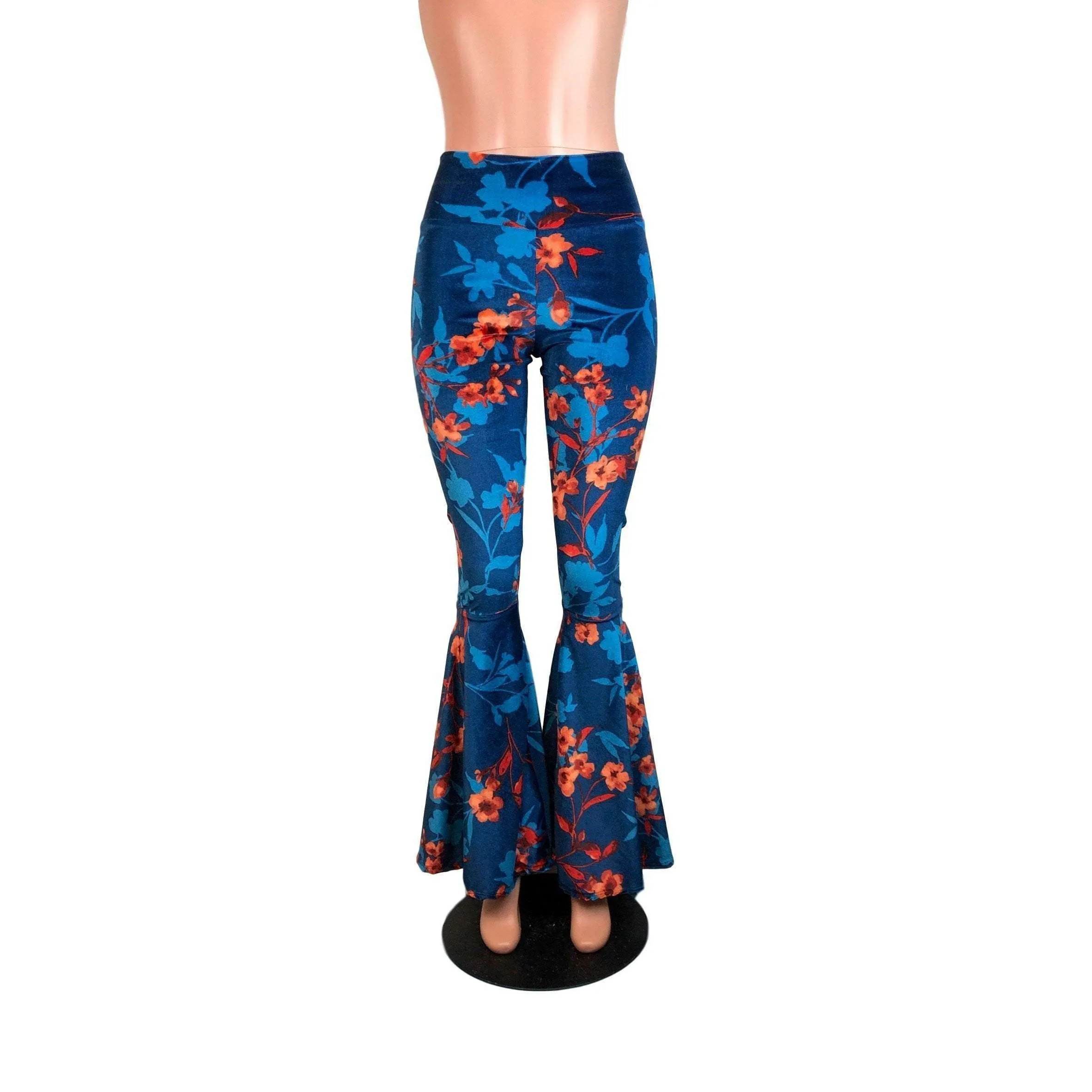 SALE - High Waist Bell Bottoms - Blue/Orange Floral Velvet - Limited Sizes