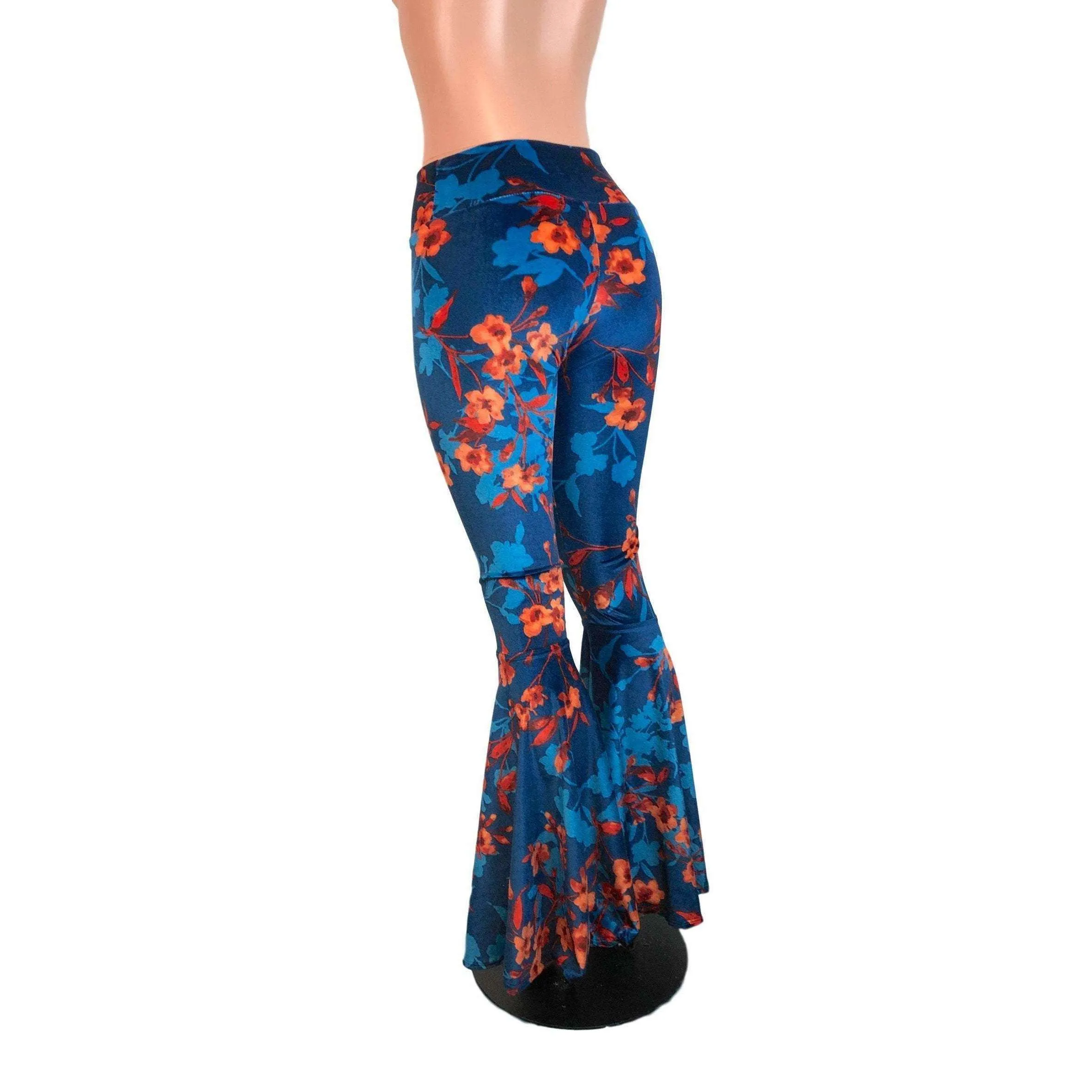 SALE - High Waist Bell Bottoms - Blue/Orange Floral Velvet - Limited Sizes