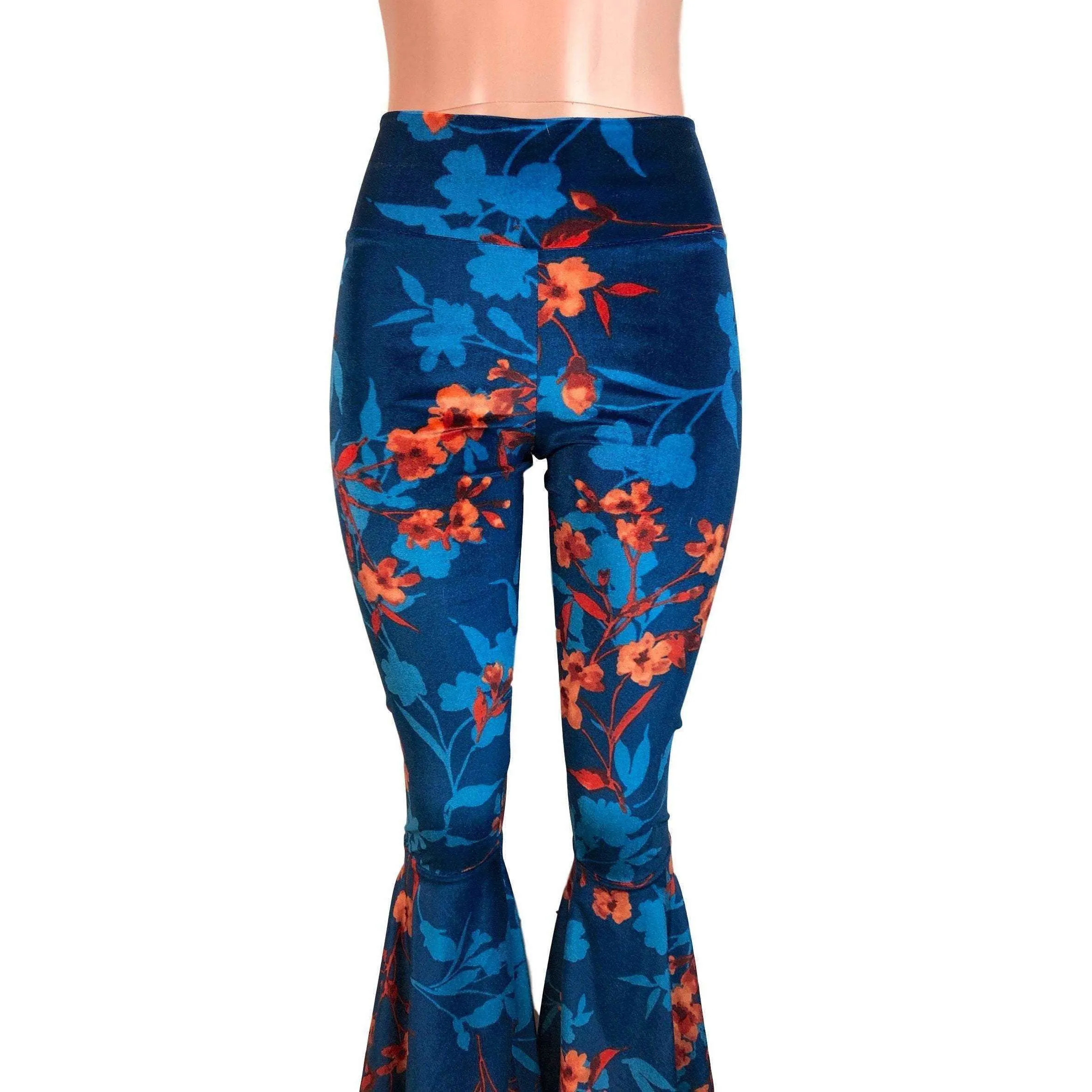 SALE - High Waist Bell Bottoms - Blue/Orange Floral Velvet - Limited Sizes