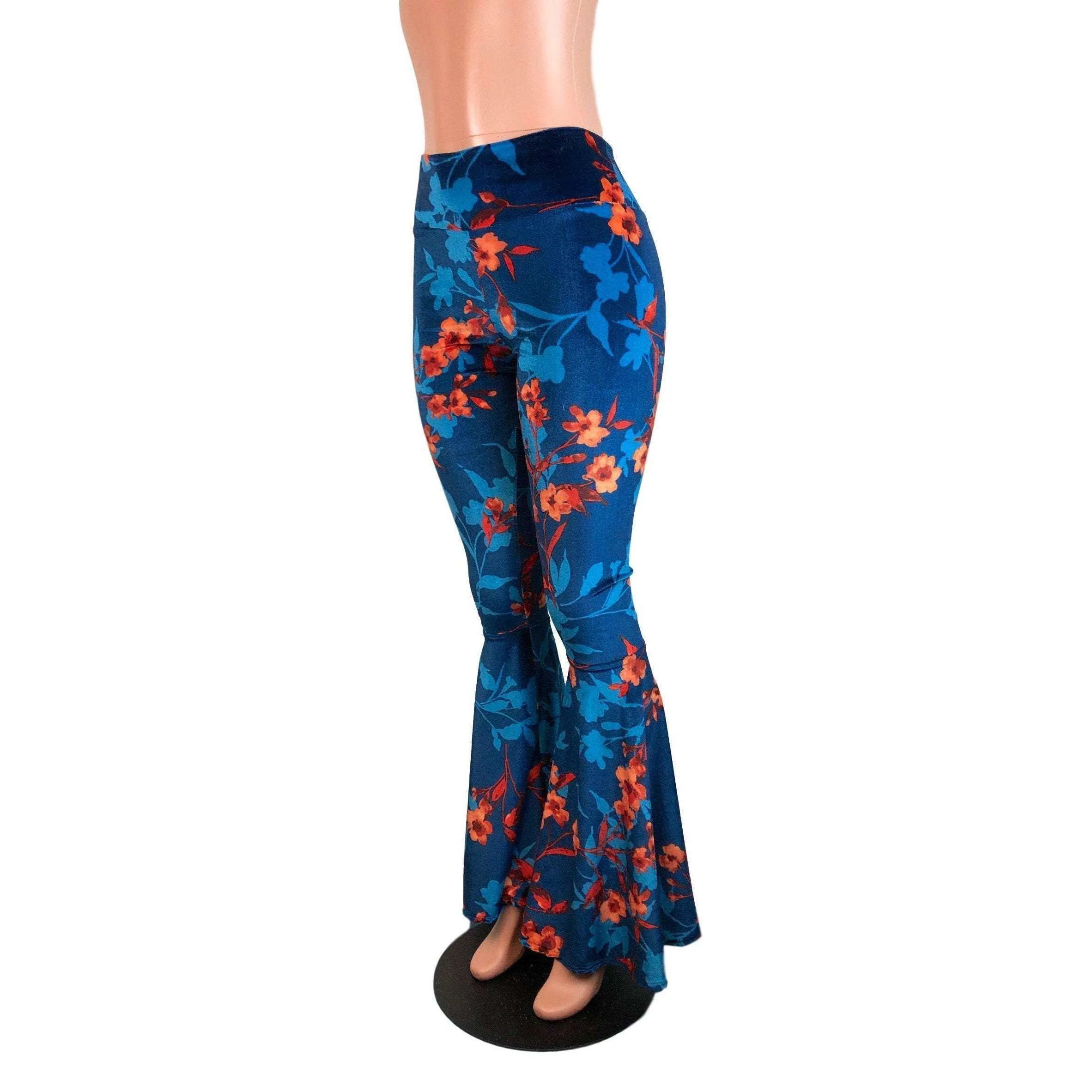 SALE - High Waist Bell Bottoms - Blue/Orange Floral Velvet - Limited Sizes