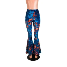 SALE - High Waist Bell Bottoms - Blue/Orange Floral Velvet - Limited Sizes