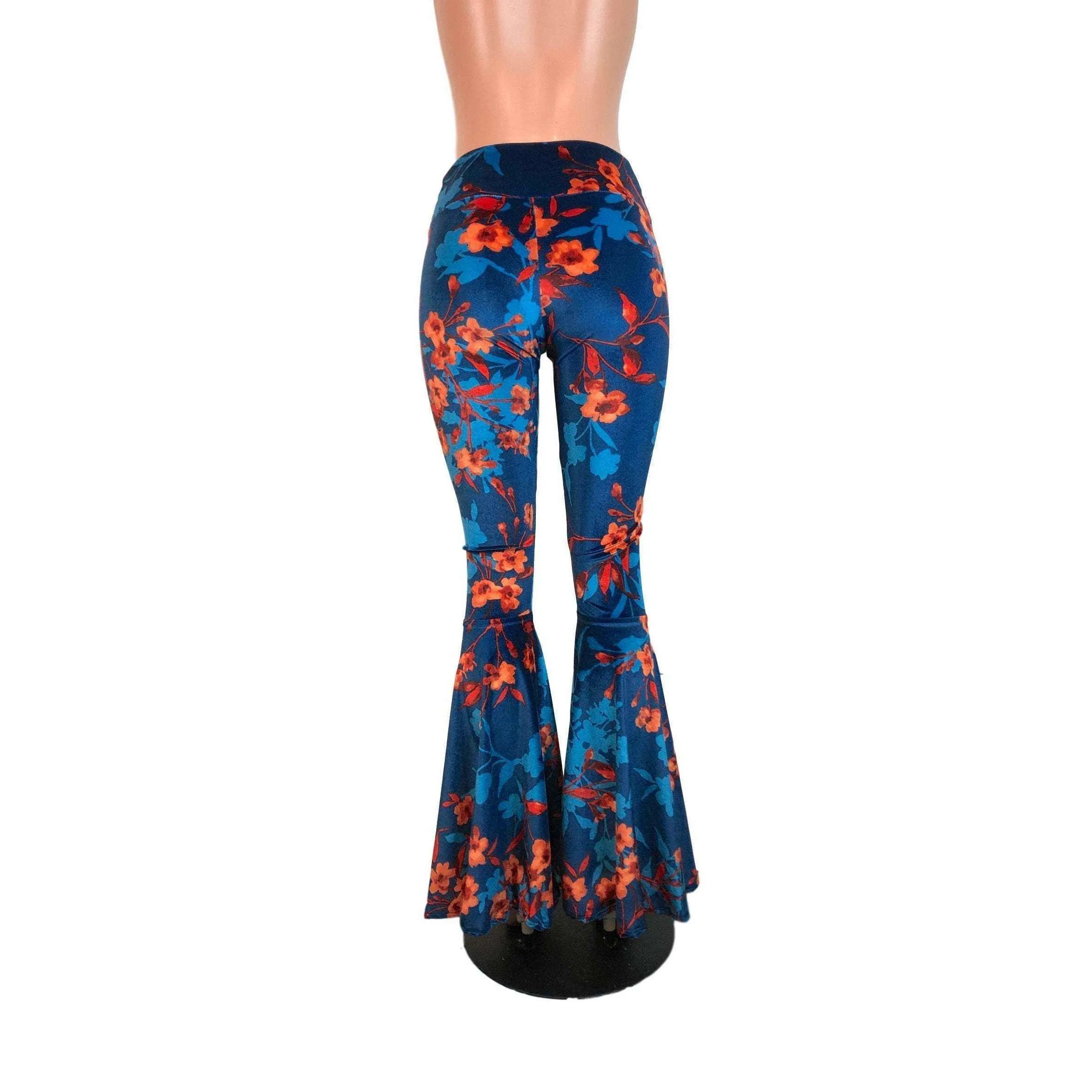 SALE - High Waist Bell Bottoms - Blue/Orange Floral Velvet - Limited Sizes
