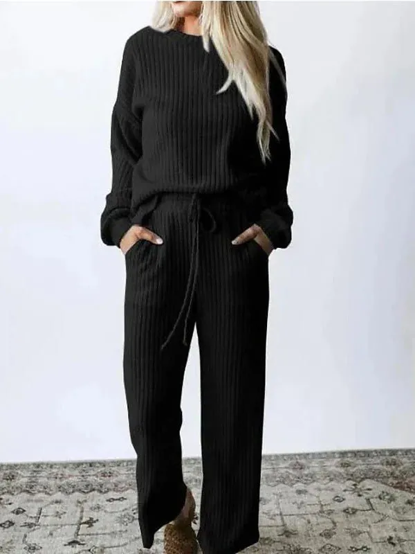 Sets Solid Long Sleeve Top & Pants Casual Two Piece Set for Women